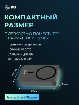 Мобильный аккумулятор Cactus CS-PBFSTA-10000 10000mAh 22.5W 4.5A USB-C беспров.зар. серый - купить недорого с доставкой в интернет-магазине