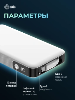 Мобильный аккумулятор Cactus CS-PBFSPA-10000 10000mAh 22.5W 4.5A 2xUSB-C белый - купить недорого с доставкой в интернет-магазине