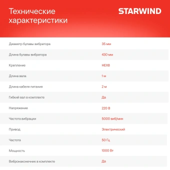 Вибратор для бетона Starwind BCV1000-1.0S1 1000Вт 1.35л.с. электрический красный - купить недорого с доставкой в интернет-магазине