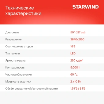 Телевизор LED Starwind 50" SW-LED50UG403 Яндекс.ТВ Frameless черный 4K Ultra HD 60Hz DVB-T DVB-T2 DVB-C DVB-S DVB-S2 USB WiFi Smart TV - купить недорого с доставкой в интернет-магазине