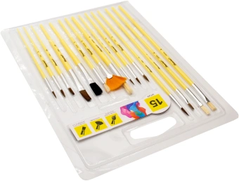 Набор кистей Silwerhof Color (наб.15шт) пон.кр.№1,2,3,4,5/плос.№1/2, 1/4, 4/кр.№3,5/плоск.№1/2, 4, 8/синт.веер.№4 - купить недорого с доставкой в интернет-магазине