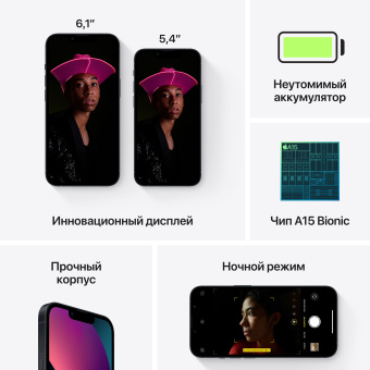 Смартфон Apple A2633 iPhone 13 128Gb 4Gb темная ночь моноблок 3G 4G 1Sim 6.1" 1170x2532 iOS 16 12Mpix 802.11 a/b/g/n/ac/ax NFC GPS GSM900/1800 GSM1900 Protect - купить недорого с доставкой в интернет-магазине