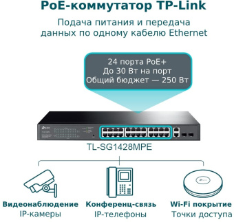 Коммутатор TP-Link JetStream TL-SG1428PE 26G 2SFP 24PoE+ 250W управляемый - купить недорого с доставкой в интернет-магазине