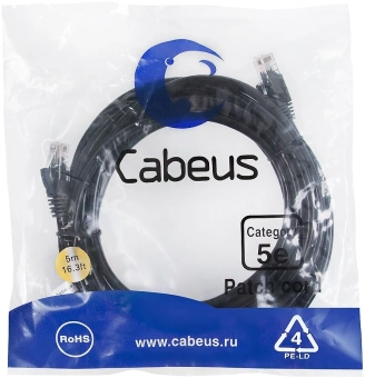 Патч-корд Cabeus PC-UTP-RJ45-CAT.5E-5M-BK U/UTP RJ-45 вил.-вилка RJ-45 кат.5E 5м черный ПВХ - купить недорого с доставкой в интернет-магазине