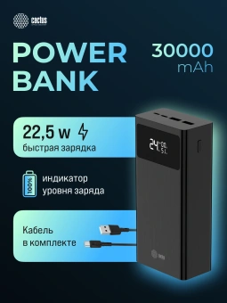 Мобильный аккумулятор Cactus CS-PBFSKA-30000 30000mAh 22.5W 4.5A USB-A/USB-C черный - купить недорого с доставкой в интернет-магазине