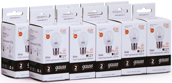 Лампа светодиодная Gauss Elementary 6Вт цок.:E27 шар 220B св.свеч.бел.теп. (упак.:10шт) (53216) - купить недорого с доставкой в интернет-магазине