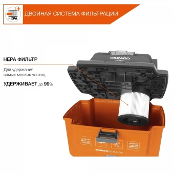 Строительный пылесос Daewoo DAVC 1621Li SET 200Вт (уборка: сухая/сбор воды/выдув) оранжевый - купить недорого с доставкой в интернет-магазине
