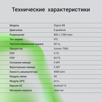 Планшет Digma R8 T606 (1.6) 8C RAM4Gb ROM64Gb 8" IPS 1280x800 4G Android 15 темно-серый 5Mpix 2Mpix BT WiFi microSD 512Gb 4000mAh 168hrs - купить недорого с доставкой в интернет-магазине