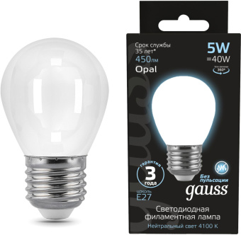 Лампа филам. Gauss Filament 5Вт цок.:E27 шар 220B св.свеч.бел.нейт. (упак.:1шт) (105202205) - купить недорого с доставкой в интернет-магазине