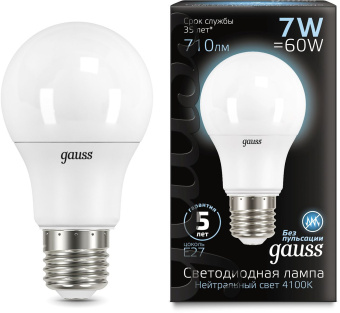 Лампа светодиодная Gauss 7Вт цок.:E27 шар 220B св.свеч.бел.нейт. A60 (упак.:10шт) (102502207) - купить недорого с доставкой в интернет-магазине