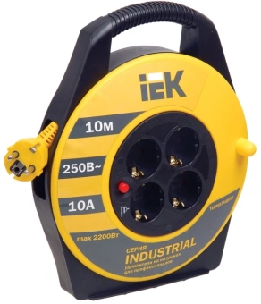 Удлинитель силовой IEK Industrial (WKP14-10-04-10) 3x1.0кв.мм 4розет. 10м ПВС 10A катушка желтый - купить недорого с доставкой в интернет-магазине