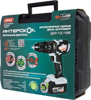 Дрель-шуруповерт Интерскол ДАУ-13/18В аккум. патрон:быстрозажимной (кейс в комплекте) (574.4.1.70) - купить недорого с доставкой в интернет-магазине