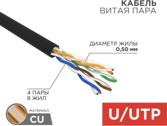 Кабель информационный Rexant 01-0045-R кат.5E U/UTP 4 пары PE внешний 305м черный - купить недорого с доставкой в интернет-магазине