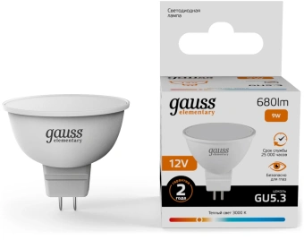 Лампа светодиодная Gauss Elementary 9Вт цок.:GU5.3 софит 12B св.свеч.теп.св./дневн. (упак.:10шт) (11519) - купить недорого с доставкой в интернет-магазине