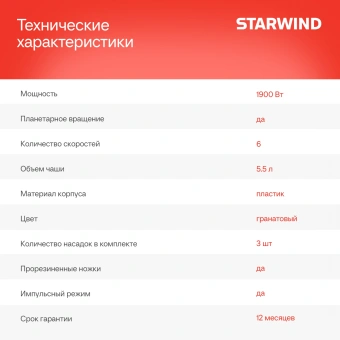 Миксер планетарный Starwind SPM7170 1900Вт гранатовый - купить недорого с доставкой в интернет-магазине