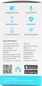 Умная лампа TP-Link Tapo L520E E27 8.7Вт 806lm Wi-Fi (упак.:1шт) - купить недорого с доставкой в интернет-магазине