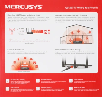 Роутер беспроводной Mercusys MB115-4G N300 10/100BASE-TX/4G cat. 4 черный - купить недорого с доставкой в интернет-магазине