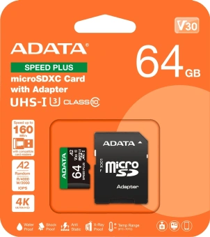 Флеш карта microSDXC 64GB A-Data UD64GUI3V30A2SP-RA1 Speed Plus + adapter - купить недорого с доставкой в интернет-магазине