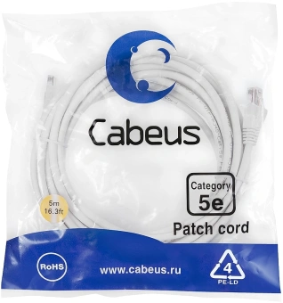 Патч-корд Cabeus PC-UTP-RJ45-Cat.5e-5m-WH U/UTP RJ-45 вил.-вилка RJ-45 кат.5E 5м белый ПВХ - купить недорого с доставкой в интернет-магазине