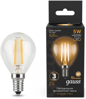 Лампа филам. Gauss Filament 5Вт цок.:E14 свеча 220B св.свеч.бел.теп. (упак.:10шт) (105801105) - купить недорого с доставкой в интернет-магазине