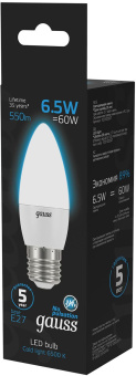Лампа светодиодная Gauss 103102307 6.5Вт цок.:E27 свеча 220B св.свеч.бел.хол. (упак.:10шт) - купить недорого с доставкой в интернет-магазине
