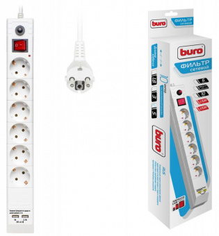 Сетевой фильтр Buro BU-SP5_USB_2A-W 5м (6 розеток) белый (коробка) - купить недорого с доставкой в интернет-магазине