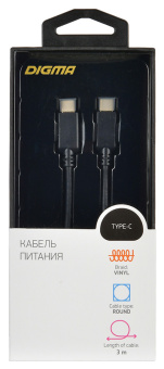 Кабель Digma Power Delivery 60W PD-60W-3M USB Type-C (m)-USB Type-C (m) 3м черный - купить недорого с доставкой в интернет-магазине