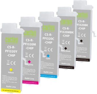 Картридж перезаправляемый струйный Cactus CS-R-PFI320SET-CHIP черный/черный матовый/голубой/желтый/пурпурный набор 5шт.упак. для Canon imagePROGRAF TM-200/200MFP/205/300/300MFP/305/250/255/350/355 с чипом - купить недорого с доставкой в интернет-магазине