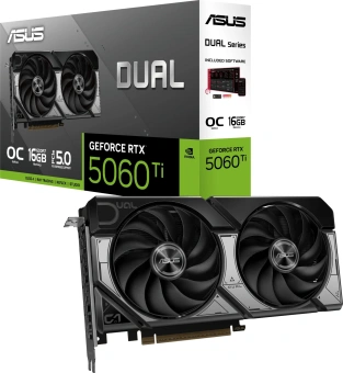 Видеокарта Asus PCI-E 5.0 DUAL-RTX5060TI-O16G NVIDIA GeForce RTX 5060TI 16Gb 128bit GDDR7 2602/28000 HDMIx1 DPx3 HDCP Ret - купить недорого с доставкой в интернет-магазине