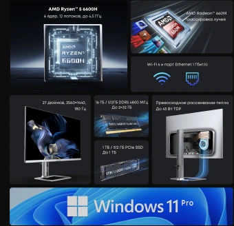Моноблок Chuwi Unitech 27 27" 2K Ryzen 5 6600H (3.3) 16Gb SSD512Gb 660M Windows 11 Pro GbitEth WiFi BT 48W клавиатура мышь Cam серебристый/черный 2560x1440 - купить недорого с доставкой в интернет-магазине