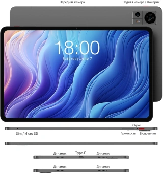 Планшет Teclast T60 T620 (2.0) 8C RAM8Gb ROM256Gb 11.97" IPS 2000x1200 LTE 2Sim Android 13 серый 13Mpix 5Mpix BT GPS WiFi Touch microSD 1Tb 8000mAh - купить недорого с доставкой в интернет-магазине