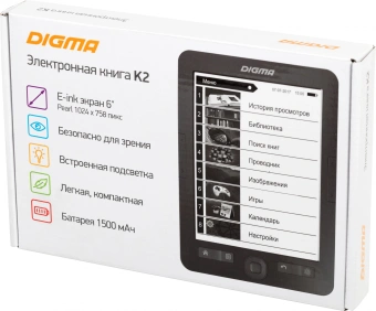 Электронная книга Digma K2 6" E-ink HD Pearl 758x1024 600MHz/4Gb/microSDHC/подсветка дисплея темно-серый - купить недорого с доставкой в интернет-магазине