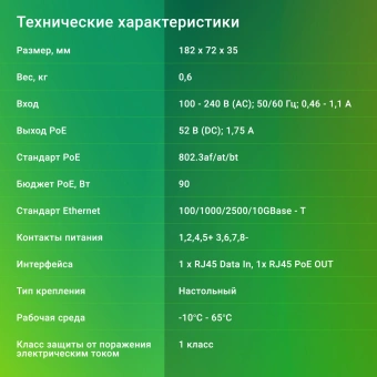Инжектор PoE Digma DNP90W52GWXM 100/1000/2500/10GBASE-T 90Вт 100-240В(АС) - купить недорого с доставкой в интернет-магазине