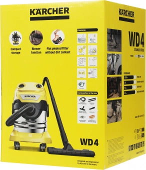 Строительный пылесос Karcher WD 4 S V-20/5/22 1000Вт (уборка: сухая/сбор воды) желтый - купить недорого с доставкой в интернет-магазине