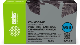 Картридж струйный Cactus CS-L0S58AE 953 черный пигментный (30мл) для HP OJ 7720 Pro/7730/7740/8210 с чипом - купить недорого с доставкой в интернет-магазине