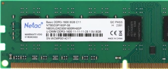 Память DDR3 8Gb 1600MHz Netac NTBSD3P16SP-08 Basic RTL PC3-12800 CL11 DIMM 240-pin 1.5В - купить недорого с доставкой в интернет-магазине