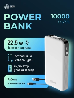 Мобильный аккумулятор Cactus CS-PBFSPA-10000 10000mAh 22.5W 4.5A 2xUSB-C белый - купить недорого с доставкой в интернет-магазине