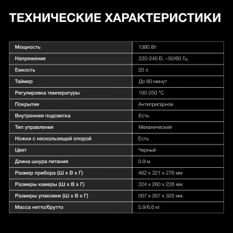 Мини-печь Hyundai MIO-HY091 20л. 1380Вт черный - купить недорого с доставкой в интернет-магазине