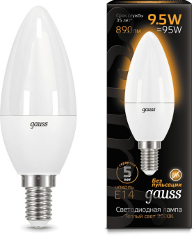 Лампа светодиодная Gauss 9.5Вт цок.:E14 свеча 220B 3000K св.свеч.бел.теп. 35-C (упак.:1шт) (103101110) - купить недорого с доставкой в интернет-магазине