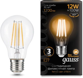 Лампа светодиодная Gauss Filament 102902112 12Вт цок.:E27 груша 185B 2700K св.свеч.бел.теп. грушевидная (упак.:1шт) - купить недорого с доставкой в интернет-магазине