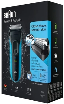 Бритва сетчатая Braun Series 3 3010S реж.эл.:3 питан.:аккум. синий/черный - купить недорого с доставкой в интернет-магазине