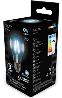 Лампа филам. Gauss Filament A60 6Вт цок.:E27 груша 220B св.свеч.бел.нейт. (упак.:10шт) (102802206) - купить недорого с доставкой в интернет-магазине