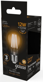 Лампа светодиодная Gauss Filament 102902112 12Вт цок.:E27 груша 185B 2700K св.свеч.бел.теп. грушевидная (упак.:1шт) - купить недорого с доставкой в интернет-магазине