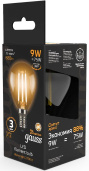 Лампа филам. Gauss Filament 9Вт цок.:E14 шар 220B 2700K св.свеч.бел.теп. (упак.:10шт) (105801109) - купить недорого с доставкой в интернет-магазине