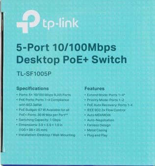 Коммутатор TP-Link TL-SF1005P (L2) 5x100Мбит/с 4PoE 58W неуправляемый - купить недорого с доставкой в интернет-магазине