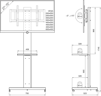 Подставка для телевизора Holder PR-107 черный 32"-70" макс.60кг напольный поворот и наклон - купить недорого с доставкой в интернет-магазине