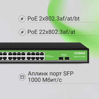 Коммутатор Digma DSP224G-2S-R400 (L2) 24x1Гбит/с 2SFP 24PoE 24PoE+ 2PoE++ 400W неуправляемый - купить недорого с доставкой в интернет-магазине