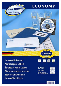 Этикетки Europe100 ELA050-100 A4 48.5x16.9мм 64шт на листе/70г/м2/100л./белый матовое самоклей. универсальная - купить недорого с доставкой в интернет-магазине