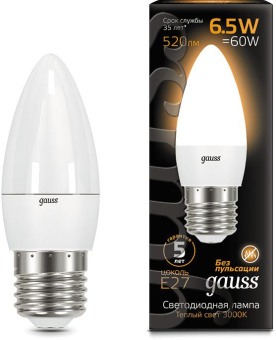 Лампа светодиодная Gauss 7Вт цок.:E27 свеча 220B 3000K св.свеч.бел.теп. (упак.:10шт) (103102107) - купить недорого с доставкой в интернет-магазине