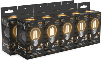 Лампа филам. Gauss Filament 13Вт цок.:E27 шар 220B св.свеч.бел.теп. (упак.:10шт) (105802113) - купить недорого с доставкой в интернет-магазине